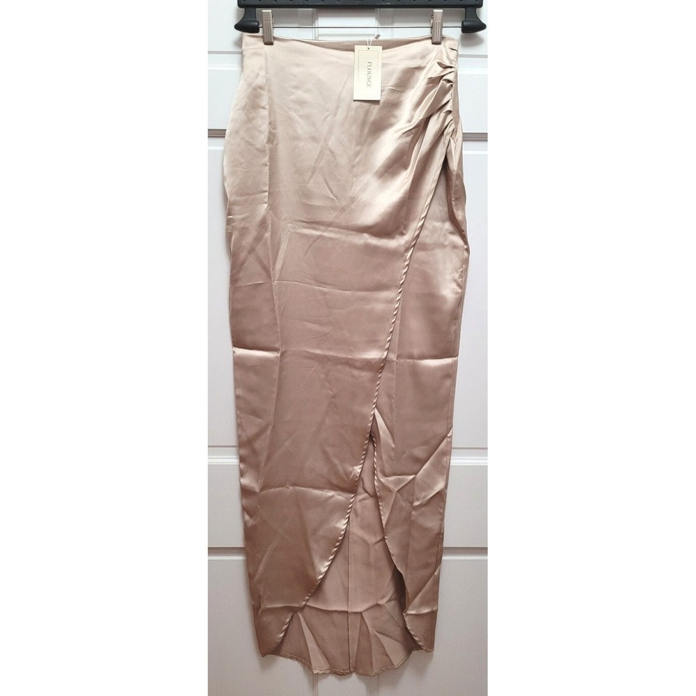 Flounce London Tall High Waist Maxi Skirt w/ Leg Split - Mink Satin - US Sz 6